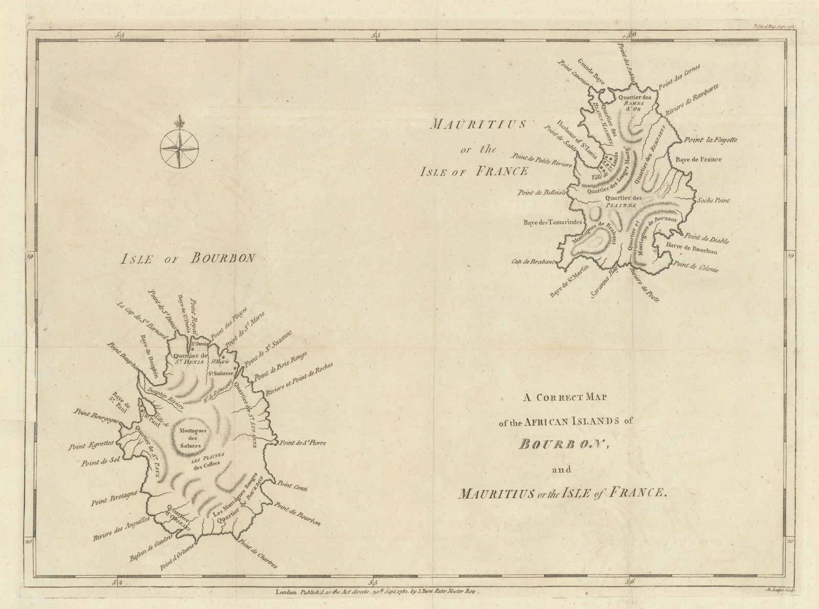 A Correct Map of the African Islands of Bourbon & Mauritius. Réunion. Lodge 1781